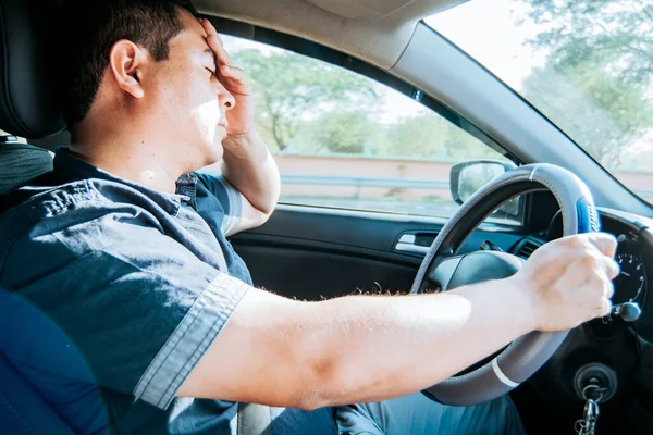 Fatigued Driver Stuck Traffic Concept Fatigued Man His Car Stressed — Stock Photo, Image