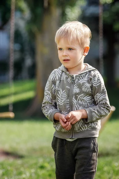 Ein Einsamer Verlorener Und Besorgter Kleiner Junge Einem Sommerpark — Stockfoto