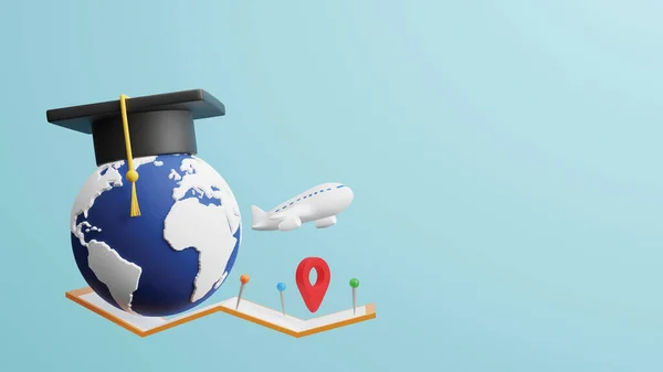 Study Abroad Concept Design World Graduation Cap Plane Map Pin — Stok fotoğraf