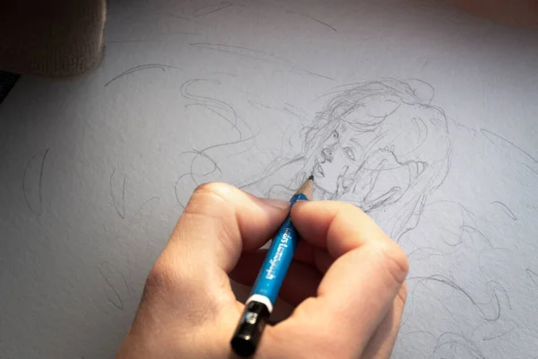 Mani Disegnando Cartone Animato Vicino — Foto Stock
