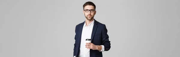 Portret Van Een Knappe Zakenman Brillen Met Een Kopje Koffie — Stockfoto