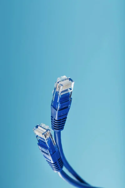Два Разъема Кабеля Ethernet Патч Шнур Крупным Планом Изолированы Синем — стоковое фото