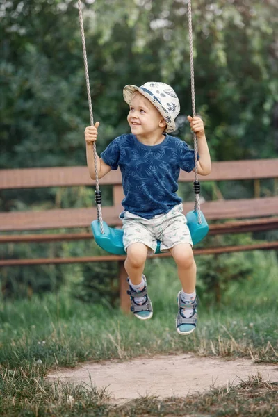 Little Boy Swinging High Smiling Looks His Mother — Stock Photo, Image