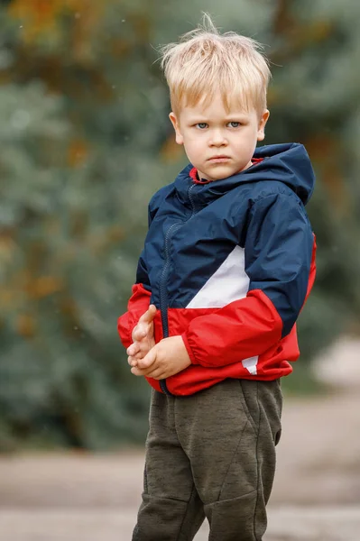 Porträt Eines Traurigen Jungen Mit Bunter Jacke Einem Bewölkten Regnerischen — Stockfoto