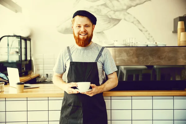 Coffee Business Owner Concept Portrait Happy Young Bearded Caucasian Barista — Stock Photo, Image