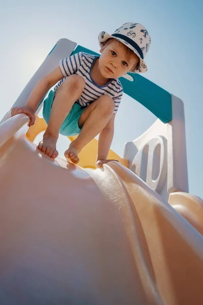 Little Boy Top Slider Dare Slip — Stock Photo, Image