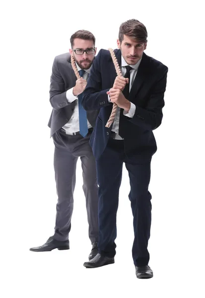 Comprimento Total Dois Empresários Puxando Uma Corda Longa — Fotografia de Stock