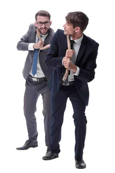 Full Length Two Businessmen Pulling Long Rope — Stock Photo, Image