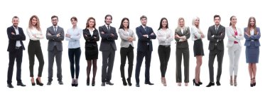 Büyük bir iş ekibinin birlikte durduğu panoramik fotoğraf.