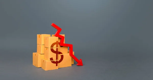 Boxes Dollar Symbol Arrow Decrease Stocks Products Fall Production Goods — Stok fotoğraf