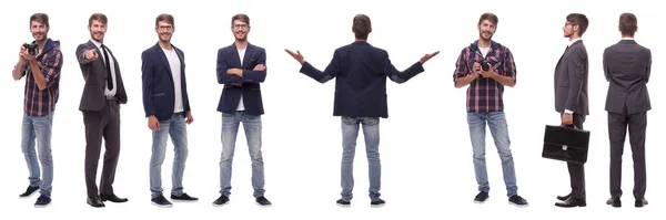 Panoramic Collage Self Motivated Young Man Isolated White — Stock Photo, Image