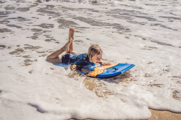 Happy Young Boy Having Fun Beach Vacation Boogie Board — Stock Photo, Image
