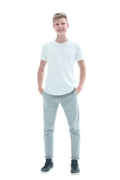 Pleno Crescimento Sorrindo Cara Jeans Uma Camiseta Branca — Fotografia de Stock