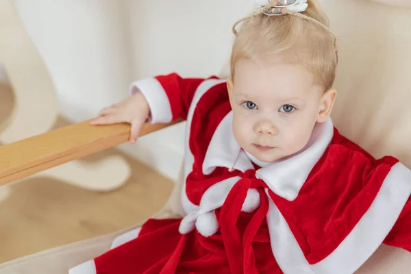 Child Girl Dressed Christmas Dress Cochlear Implants Having Fun Home — Photo