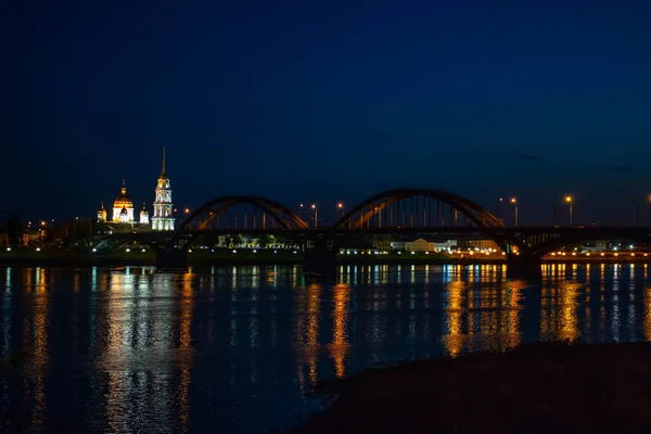 Bridge River Night Rybinsk Russia — Stock Photo, Image