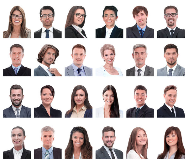 Коллаж портретов бизнесменов, изолированных по белому
