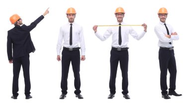 Tam gelişim içinde. Becerikli mühendis mimar beyaza izole edilmiş.