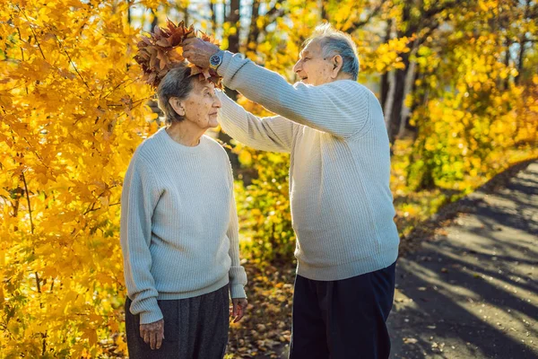 Happy old couple having fun at autumn park. Elderly man wearing a wreath of autumn leaves to his elderly wife