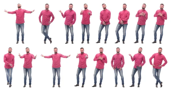 赤いシャツに身を包んだ感情的な男の写真のコラージュ — ストック写真
