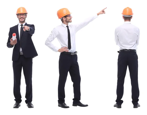 成功的 成功的 戴橙色头盔的建筑师工程师 — 图库照片