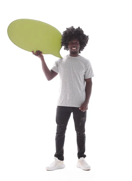 Full Growth Curly Haired Guy Holding Speech Bubble — Stock Photo, Image