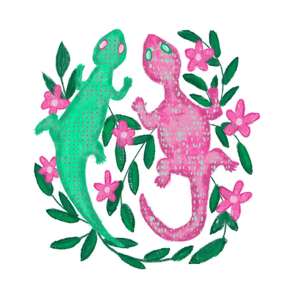 Ilustración Dibujada Mano Lagarto Rosa Verde Rosa Colorido Animal Anfibio —  Fotos de Stock