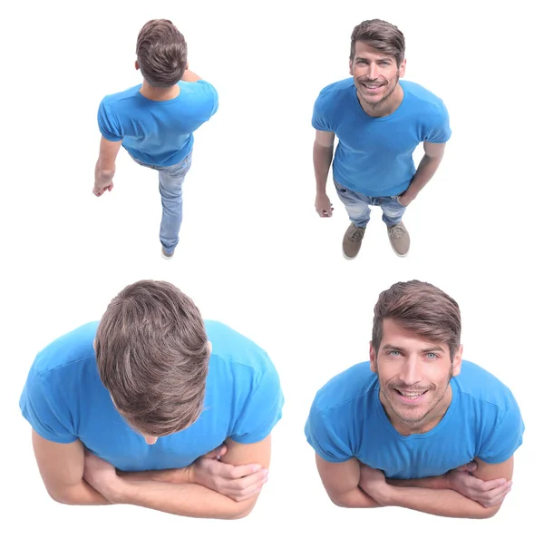 Top View Smiling Guy Blue Shirt Looking Camera — Stock Photo, Image