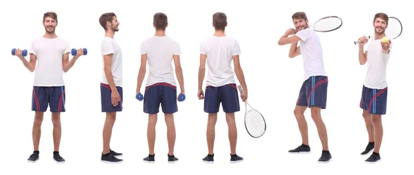 完全に成長しています 白に隔離されたハンサムな男子テニス選手 — ストック写真