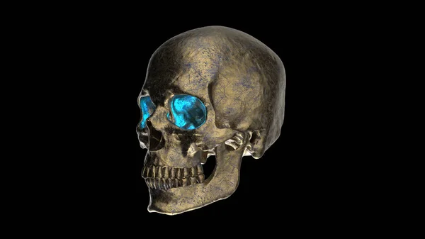 Starý Bronzový Lidský Lebka Modrýma Očima Vykreslení — Stock fotografie