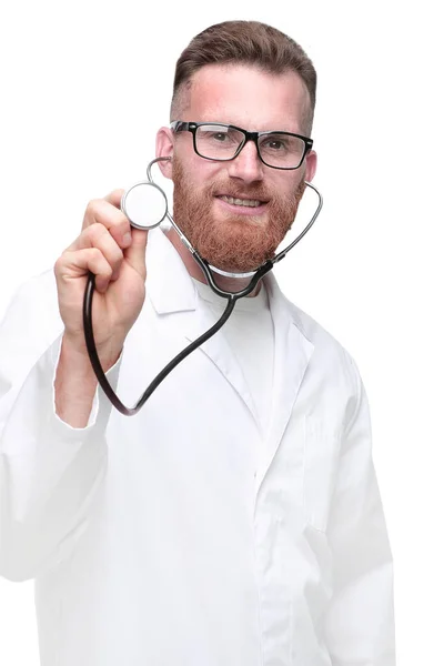 Dostu Doktor Onun Stetoskop Gösteren Beyaz Izole — Stok fotoğraf