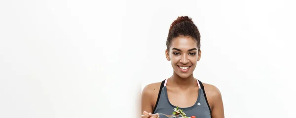 Nyttigt Och Fitness Koncept Vackra Amerikanska Afrikanska Damen Fitness Kläder — Stockfoto