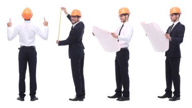 Beyaz üzerine izole edilmiş mimar uzmanının panoramik fotoğraf kolajı