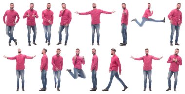 Kırmızı gömlekli duygusal bir adamın fotoğraflarının kolajı.