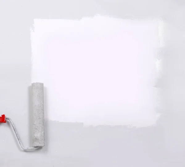 Vierkant Wit Geschilderd Met Verfroller Een Wit Vel — Stockfoto