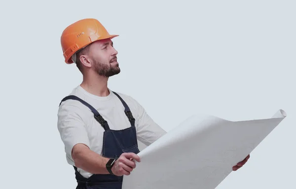 Kompetenter Vorarbeiter Baumeister Beim Betrachten Von Zeichnungen Isoliert Auf Weiß — Stockfoto
