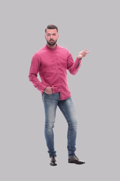 Fullängds Porträtt Omtänksam Ung Man Röd Skjorta — Stockfoto