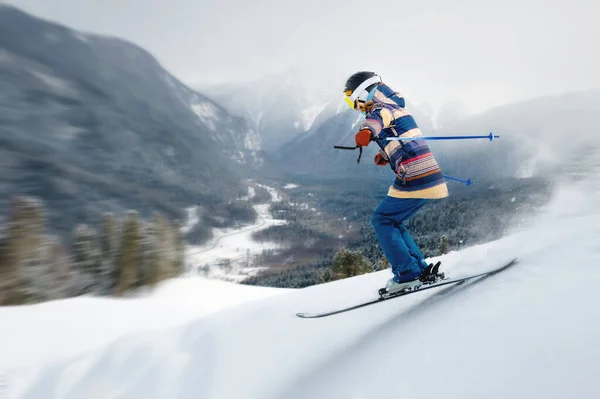 Female Athlete Skier Rides Freeride Winter Forest Mountains Jump Backdrop — Stock Photo, Image