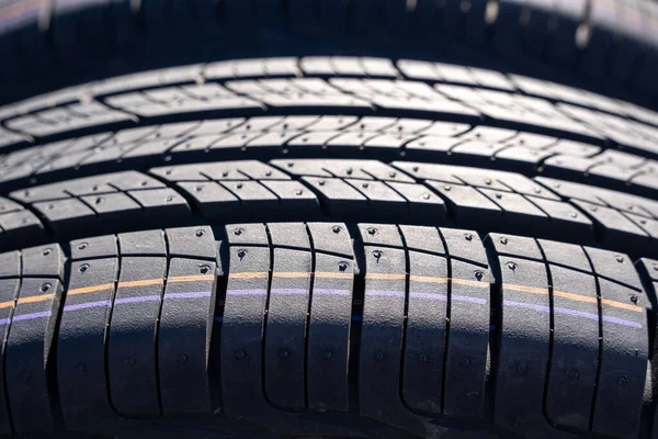 New Car Summer Tires Row Car Tire Tread Close — Stockfoto