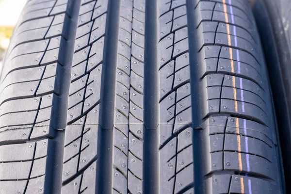 New Car Summer Tires Row Car Tire Tread Close — Stock Photo, Image