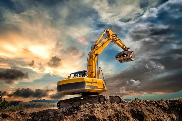 Crawler Excavator Earthmoving Works Construction Site Sunset — Stock Photo, Image