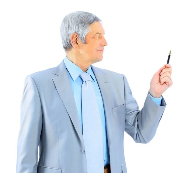 Nice Businessman Age Holds His Pen Isolated White Background — Stock Photo, Image