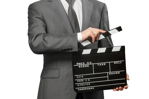 Homem Segurando Filme Clapper Bordo Branco — Fotografia de Stock