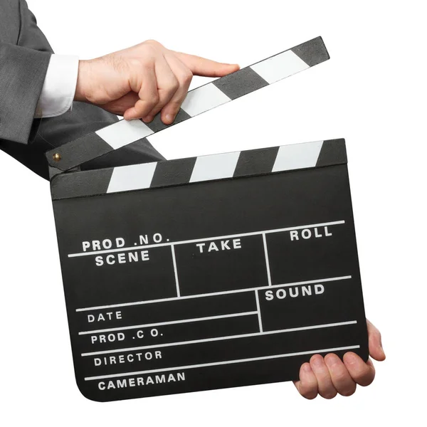 Closeup Hands Holding Movie Clapper Board — Stock Photo, Image