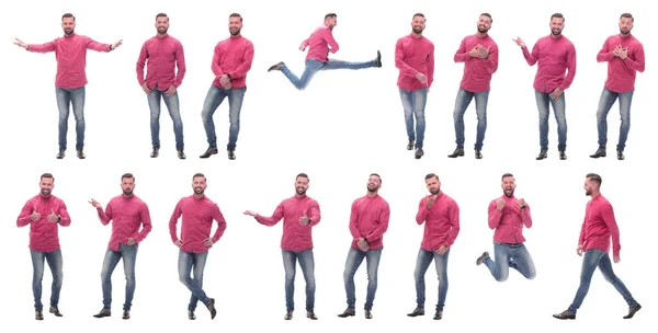 Collage Photos Emotional Man Red Shirt — Stock Photo, Image