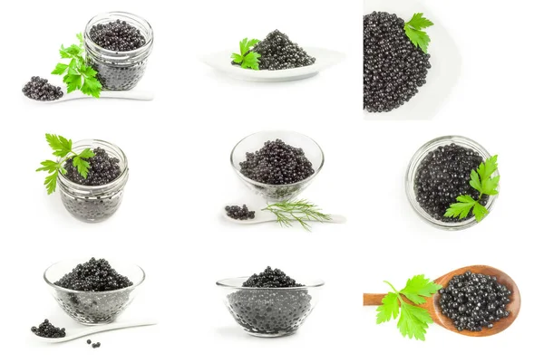 Collage Caviar Beluga Negro Aislado Sobre Fondo Blanco Con Ruta —  Fotos de Stock