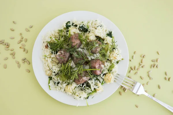 Swedish Meatballs Dill Topped Celery Spinach Rice Cooking Home Home — Stock Photo, Image