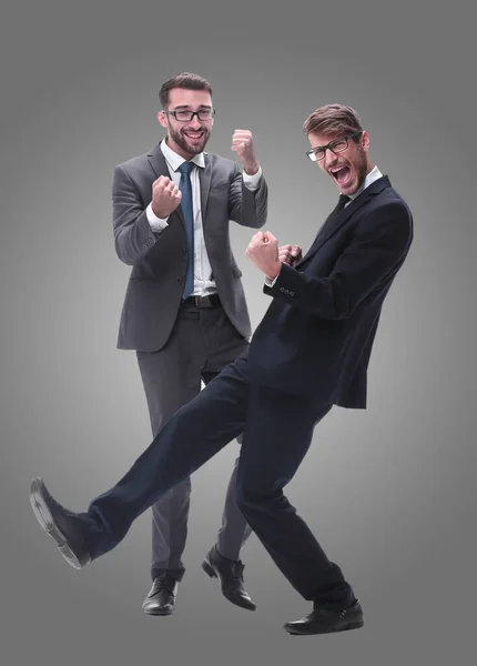 Full Growth Two Happy Dancing Young Businessmen — Stock Photo, Image
