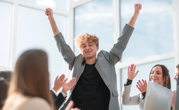 Happy Leader Standing Front His Business Team — Stock Photo, Image