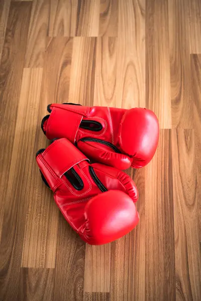Red Boxing Gloves Wood Background — Stock Photo, Image