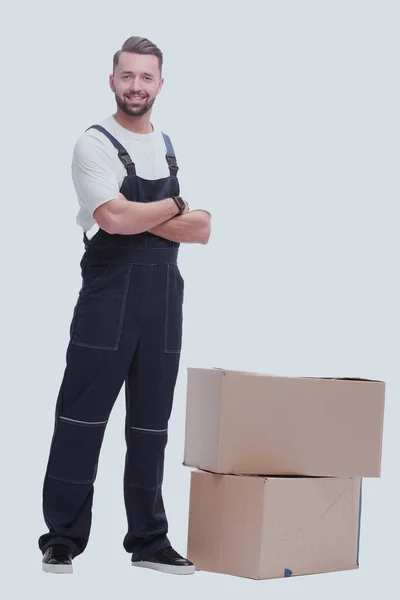 Full Growth Smiling Man Standing Cardboard Boxes — Stock Photo, Image